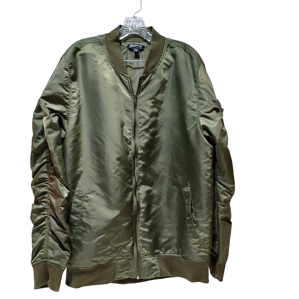 Elwood Mens L Ruched Sleeve Bomber Jacket Olive Green Nylon Military Streetwear
